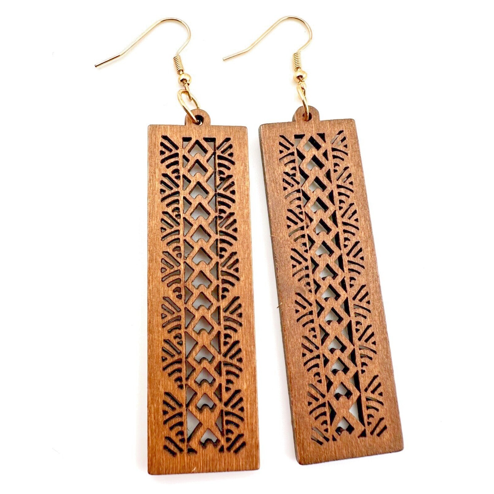 Chestnut Brown Stained Wood Art Deco Designed Rectangular Bar Earrings
